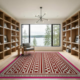 Red Geometric Tribal Area Rug with Pink Border