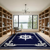 Navy Nautical Ship's Wheel Anchor Area Rug