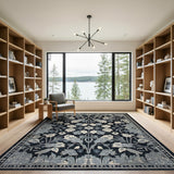 Navy Ivory Floral Leaf Area Rug