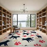 Playful Black Cats Red Paw Print Area Rug