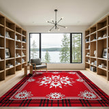 Festive Red Plaid Snowflake Area Rug