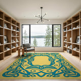 Golden Yellow Area Rug with Teal Celtic Knot Border
