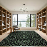 Lush Green Leaves on Black Pattern Area Rug