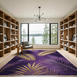 ODIKA Tropical Palm Leaf Purple and Gold Washable Area Rug - Low Pile, Non-Slip, Pet Friendly