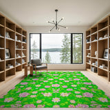 Blush Pink Peonies on Lush Green Area Rug