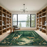 Enchanted Green Forest Stag and Fawn Rug