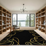 Golden Swirl Abstract Area Rug on Black