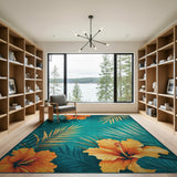 Teal Hibiscus Blooms Golden Palm Area Rug