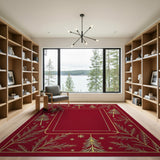 Festive Red Gold Christmas Tree Border Rug