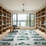Snowy Cabin Pine Forest Silhouette Area Rug