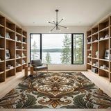 Elegant Gold Green Floral Damask Area Rug