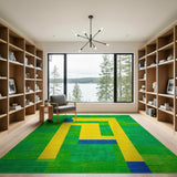 Yellow Geometric on Vibrant Green Patchwork Rug