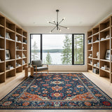 Navy Persian Area Rug with Vibrant Orange Florals