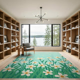 Whimsical White Daisy Meadow Teal Area Rug
