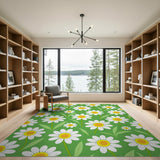 Cheerful White Daisy Green Area Rug
