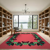 Ornate Teal Leaf Maroon Bud Border Pink Rug