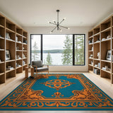 Ornate Teal Persian Area Rug with Orange Border