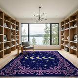 Celestial Navy Stars Crescent Moons Rug with Pink Ornate Border