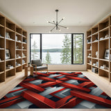 ODIKA Modern Red 3D Geometric Washable Rug - Low Pile Non-Slip Area Rug