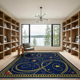 Celestial Gold Swirl Star Navy Area Rug