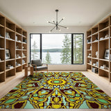 Gold Teal Tribal Mandala Area Rug