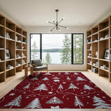 Festive Crimson Christmas Trees Snowflakes Area Rug
