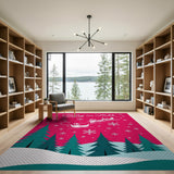 Festive Pink Sleigh Over Teal Pines Area Rug