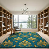 Teal Art Deco Gold Fan Palm Area Rug