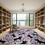 Playful Black Cat Stars Moons Area Rug