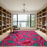 Vibrant Pink Teal Leaf Red Feather Boho Area Rug
