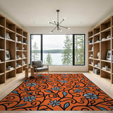 Orange Vibrant Orange Blue Floral Vine Area Rug