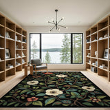 Black Floral Area Rug with Red Camellias White Blooms