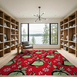 Festive Red Holly Bells Snowflakes Pattern Rug