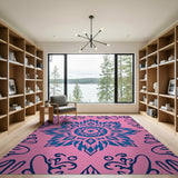 Boho Pink Mandala Area Rug with Navy Motifs