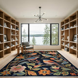 Whimsical Birds Blooms Navy Area Rug
