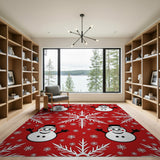 Festive Snowman Snowflakes Red Area Rug