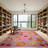 Playful Pink Fruit Pattern Area Rug with Strawberries Oranges Lemons