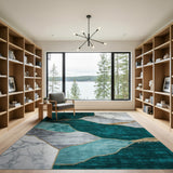 Teal Marble Gold Geometric Area Rug