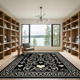 Ornate Black White Hearts Swirl Area Rug
