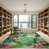 Green Vibrant Hibiscus Palm Leaf Area Rug