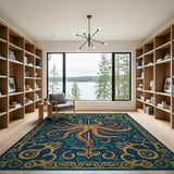 ODIKA Octopus Nautical Art Nouveau Washable Area Rug - Low Pile Non-Slip Teal & Gold