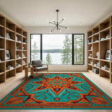 Vibrant Teal Orange Persian Starburst Rug