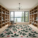 Festive Holly Leaves Berries Pattern Rug