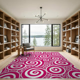 ODIKA Pink and White Modern Spiral Washable Area Rug - Low Pile, Non-Slip, Pet & Kid Friendly