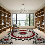 Red Mandala Geometric Area Rug on Ivory