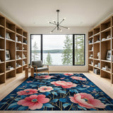 Pink Peony Gold Accent Navy Blue Area Rug