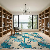 Teal Floral Vintage Area Rug on Cream