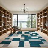 Blue and Teal Geometric Block Area Rug