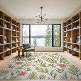 Lush Yellow-Green Ferns Pink Daisy Area Rug