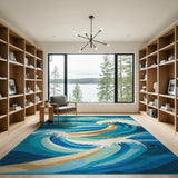 Blue and Teal Teal Ocean Waves Geometric Area Rug
